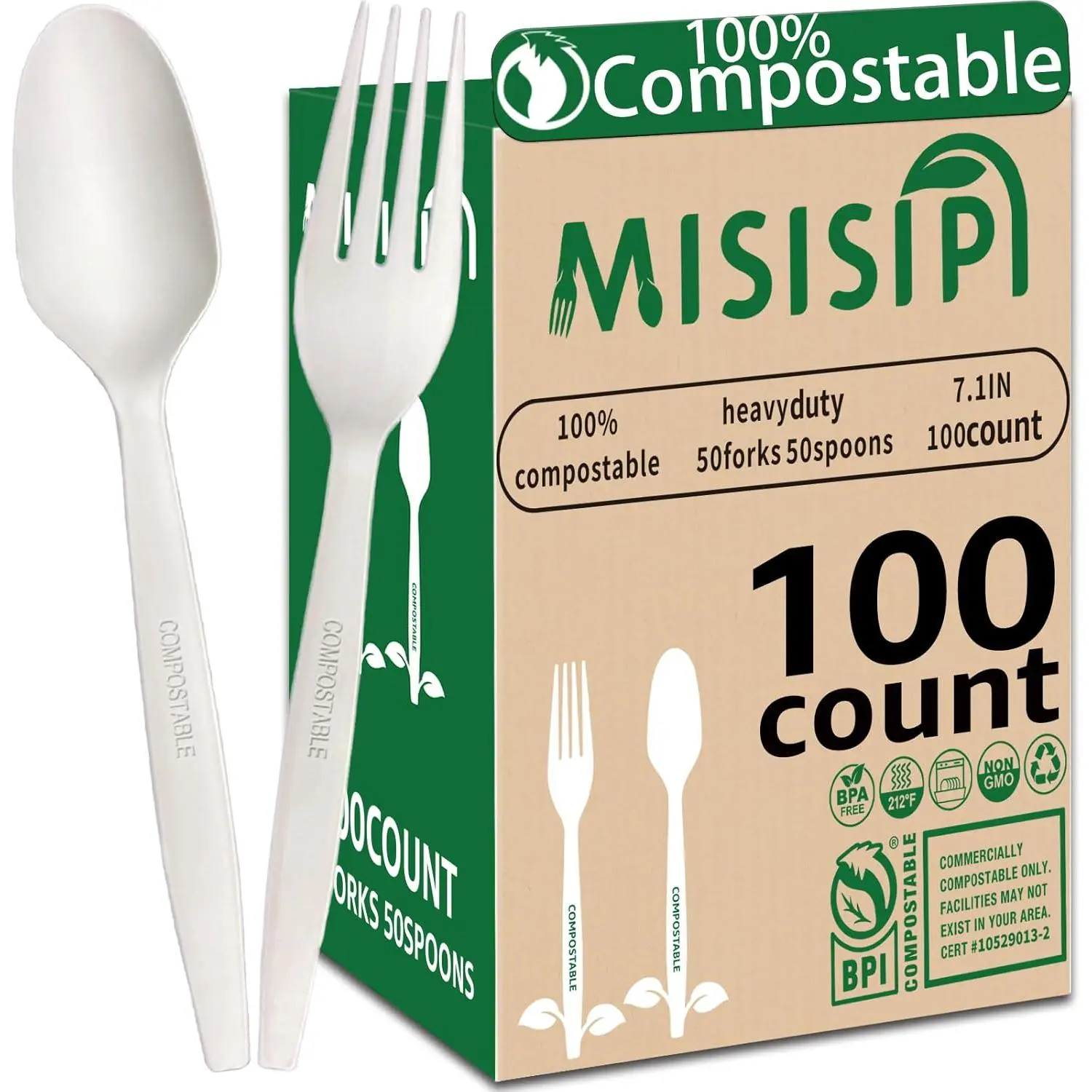 [7.1In 100Pcs]  Compostable Forks and Spoons Biodegradable Forks and Spoons HeavyDuty No Plastic Fork and Spoon  HeavyWeight Disposable Forks and Spoon Flatware Set