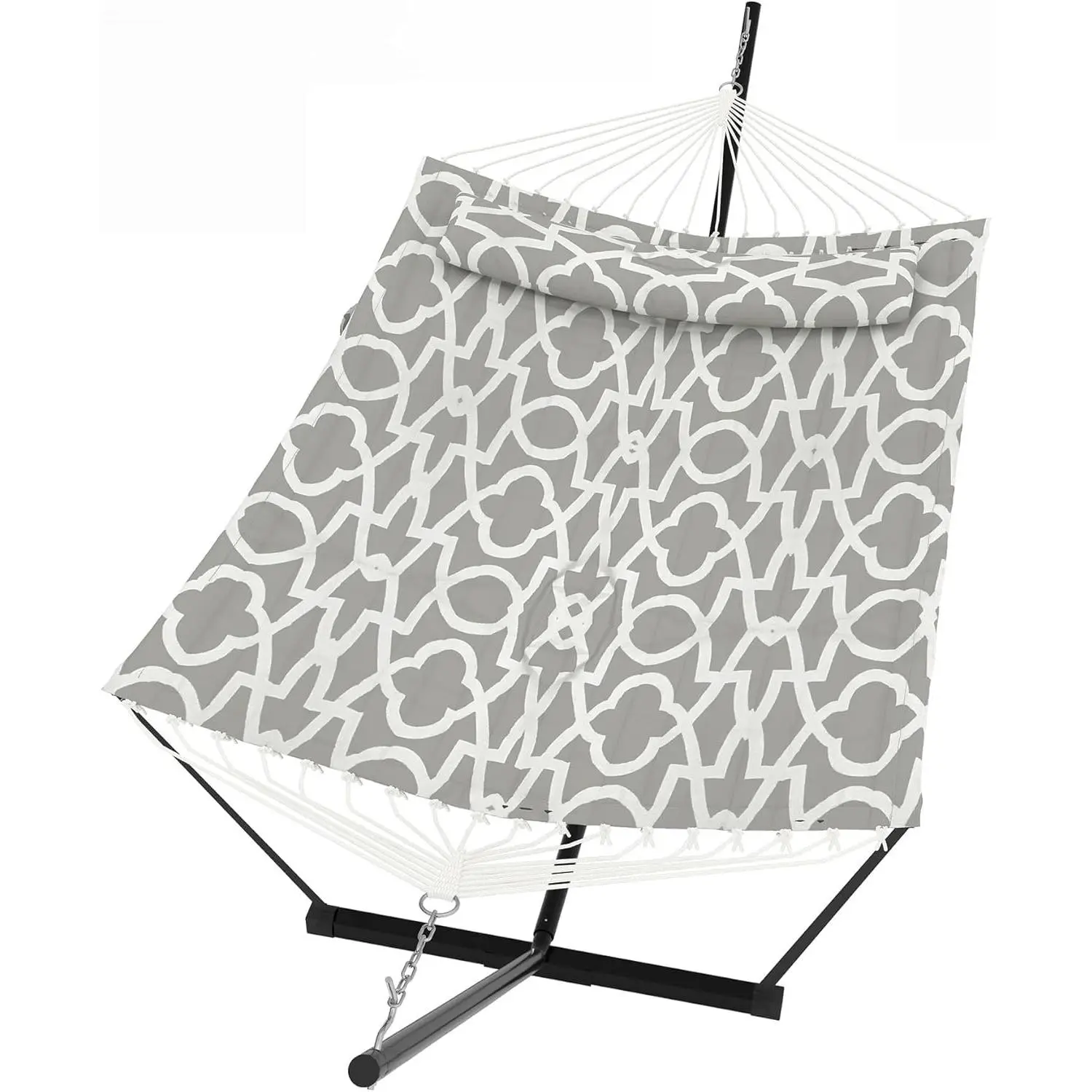 【GARVEE】Double Hammock with Stand for Two Persons – Outdoor Heavy Duty Freestanding Hammock with Pillow and Balance Rope – 450 lbs Capacity, Easy Assembly – Ideal for Patio and Poolside Relaxation – Light Gray Pattern
