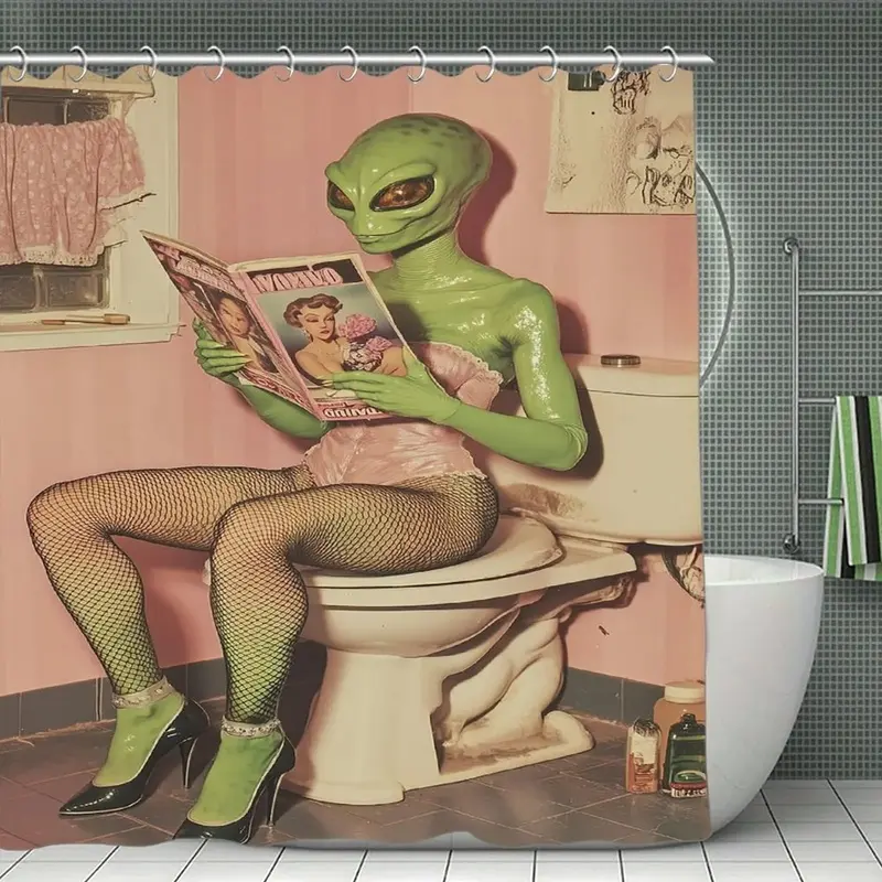 Funny Alien Reading Magazine Shower Curtain, Retro Pink Bathroom Decor, Waterproof Fabric Bath Curtain 72",Novelty Green Alien Toilet Scene Shower Curtain, Funny Shower Curtains For Bathroom