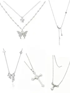 5 Piece Y2K Style Cute Fashion Elegant Vintage Women's Necklace Set, Heart Butterfly Water Drop Bow Star Moon Cross Pendant Multi-Layer Necklace