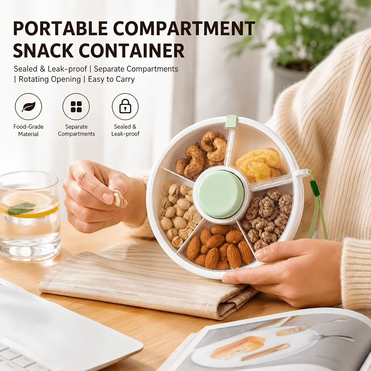 5-Compartment Rotating Snack Tray, Portable Detachable Washable Fruit Nut Snack Storage Box, Abs/PP Material, Ideal for Home Office School Outdoor Use, Perfect Gift
