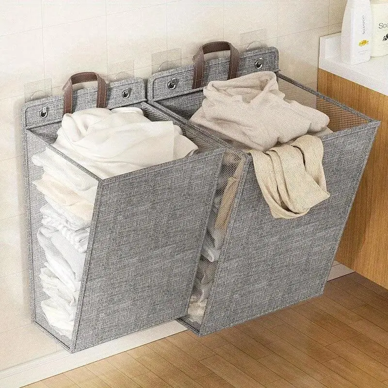 1pc Foldable Adhesive Laundry Basket Hamper, Multifunctional Punch Free Wall Hanging Washing Clothes Mesh Hook Organizer, Collapsible Laundry Hamper