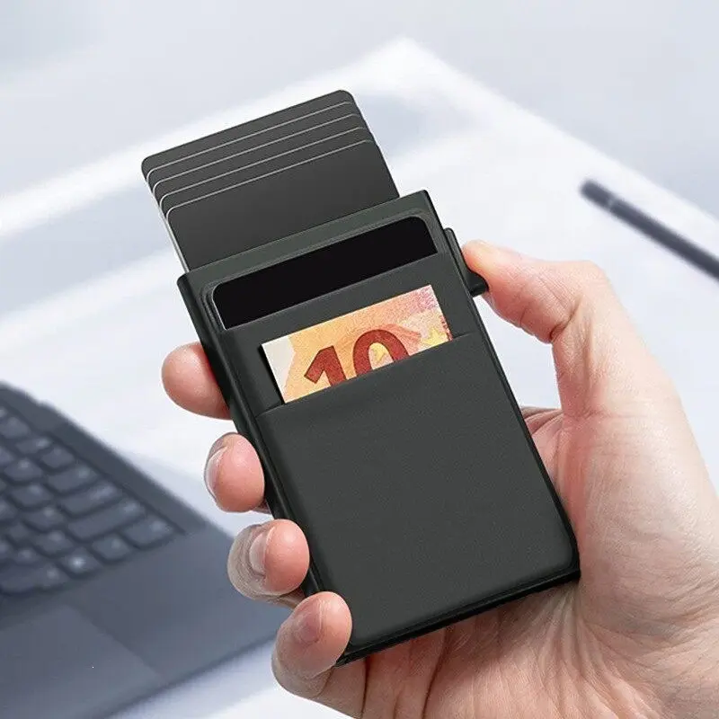 Slim Automatic Pop Up Metal Card Case for Adult Men and Women, RFID Protective Compact Card Holder, Practical Accessory for Travel, Work and Everyday Card Storage