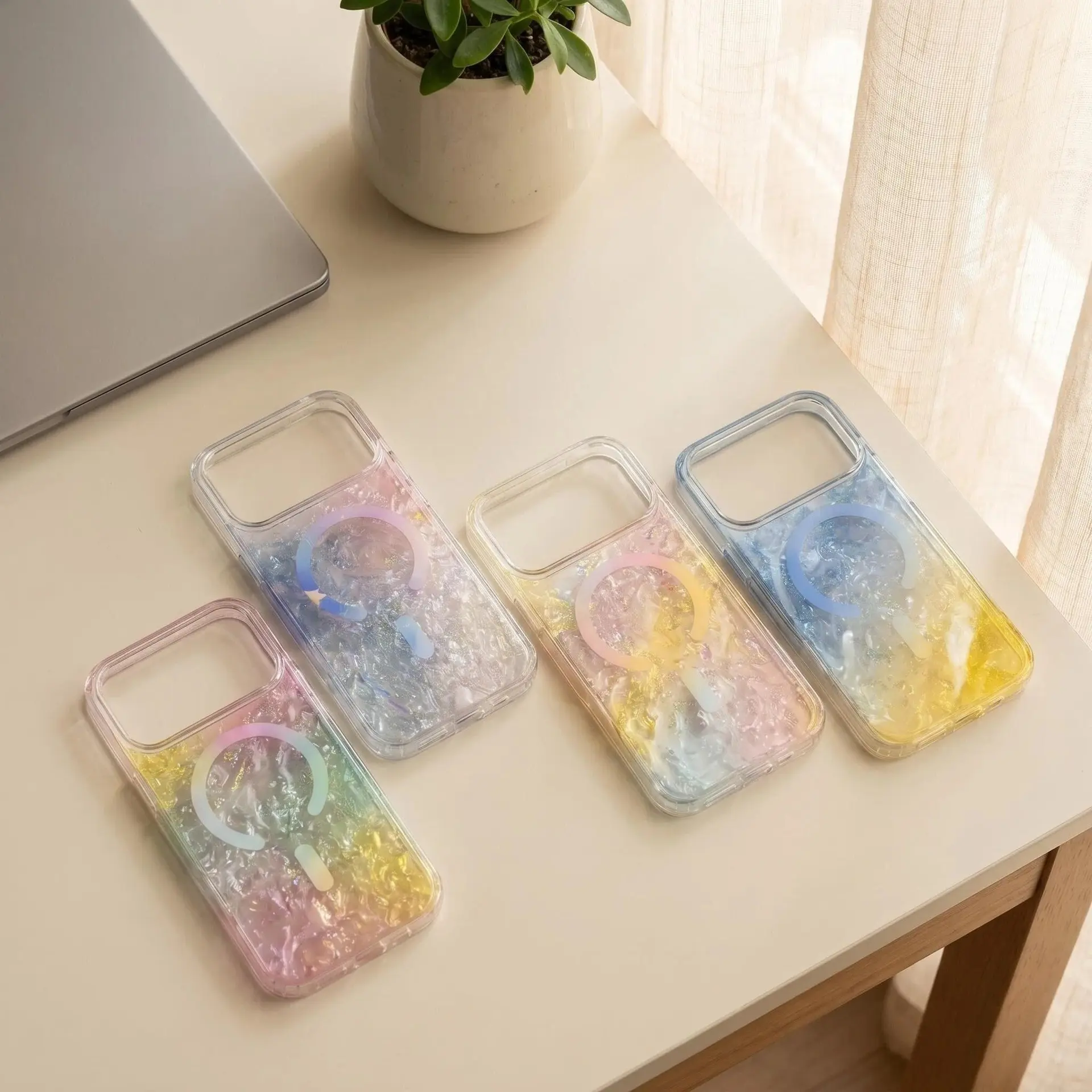 Compatible with iPhone 17 Pro Max/16 Pro/15/14/S26UItra/S25/S24FE/S23| Gradient Iridescent Seashell Texture Magnetic Full Wrap Shockproof Phone Case HNZ0293