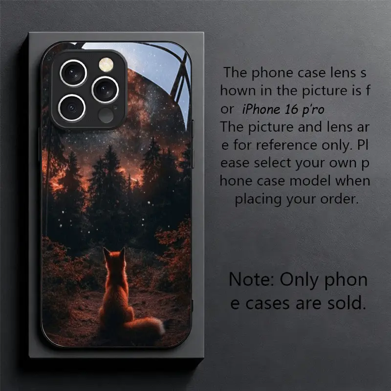 Phone Case: Forest Wilderness Star-Gazing Fox Pattern Black Tempered Glass Phone Case for iphone17 Air 16 15 Pro Max 14 Plus 13 12 11, New High-End Textured, Elegant, Innovative, Trendy, High-Quality Protective