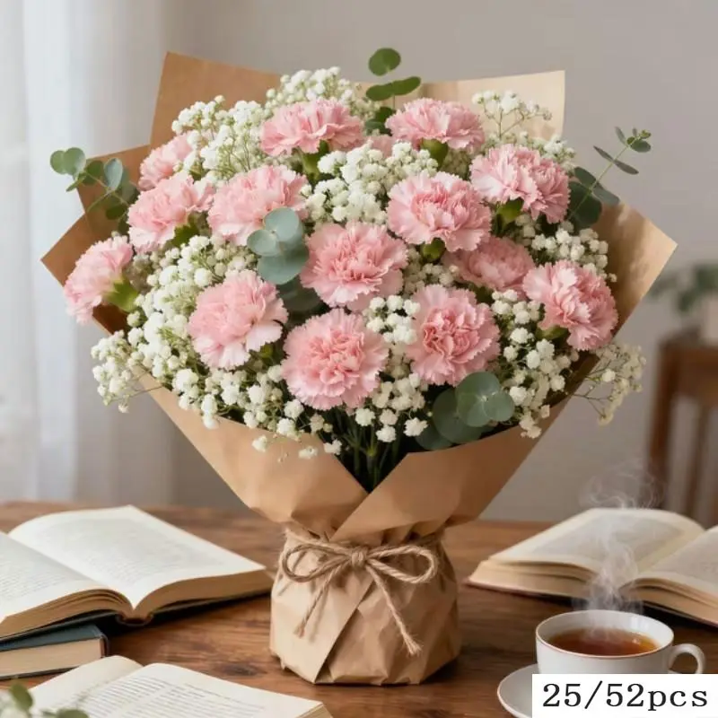 25/52pcs Artificial Mixed Flowers Bouquets with Carnations and Baby's Breath, Home Decor, Wedding Decor, Gift, Store Decor, Valentine's Day