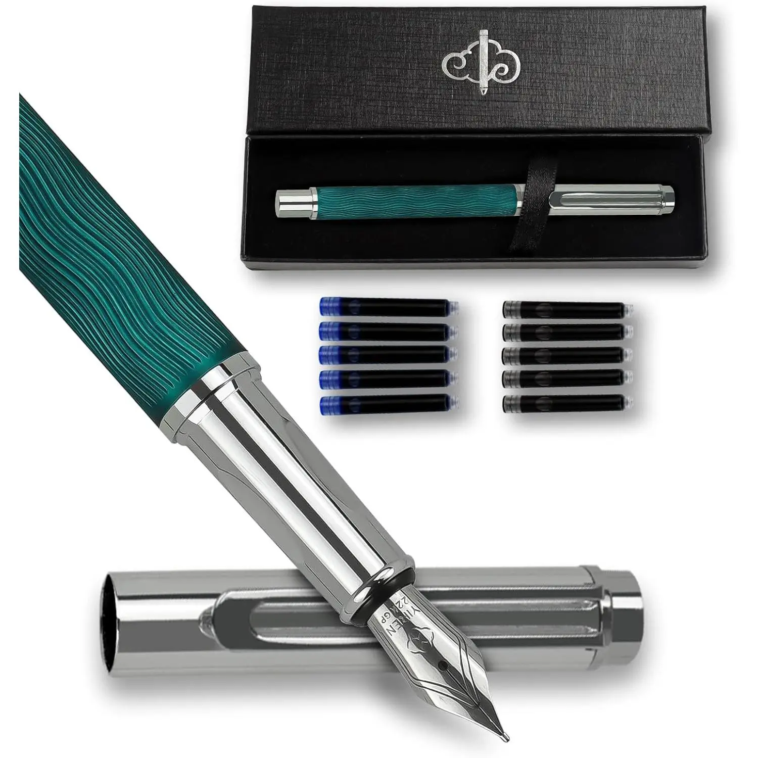 Fountain Pen Set for Men Women, Streamline Design Refillable Pen with Medium Nib, 20 Ink Refills (10 Black + 10 Blue), Smooth Writing , Green