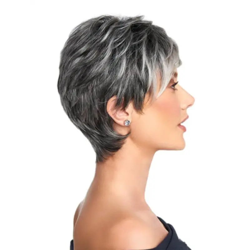 Women's European-American Silver Gray Gradient Synthetic Full Machine Wig, 8-10 in Short Side-Swept Bangs, Heat-Resistant, Face Repairing and Contouring, Age-Defying Daily Wear Female Hairpiece