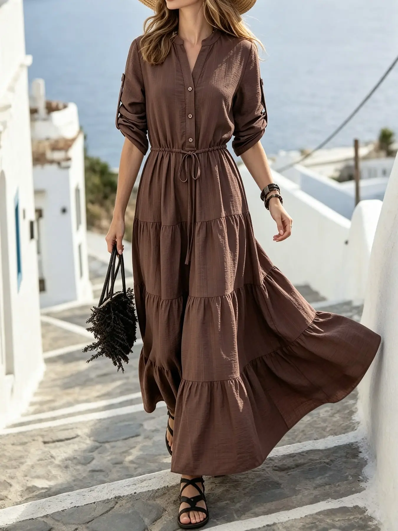 Elegant Stand Collar Half Sleeve Muslim Long Dress, Plain Drawstring Waist Dress, Muslim Dresses