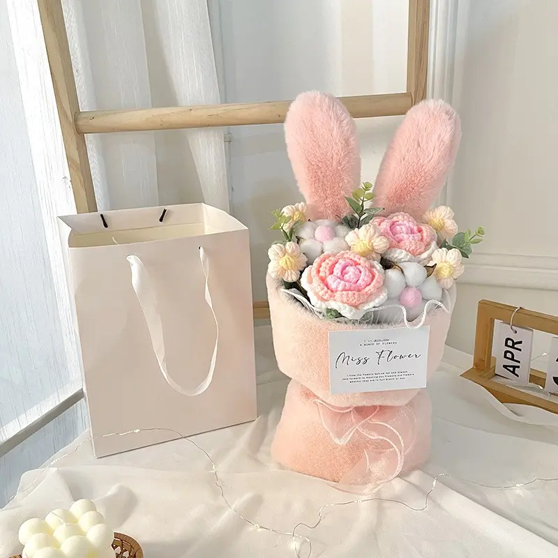 Rabbit Ear Design Knitted Bouquet, 1 Set Handmade Crochet Bouquet, Party Gift for Girlfriend, Birthday Gift, Home Decoration, Gift
