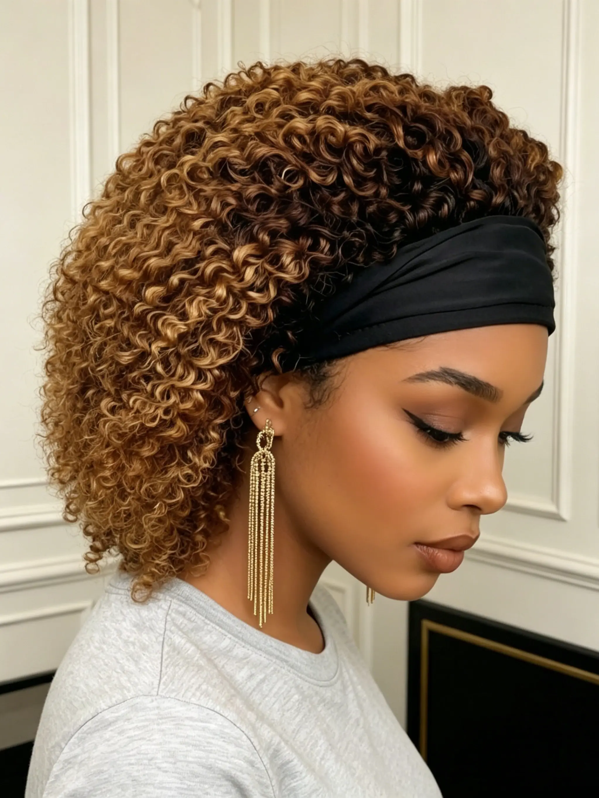 12 Inch Ombre Honey Curly Headband Wig, Human Hair for Women, Glueless No Lace, Afro Kinky Curly Head Wrap Wig, Curly Wigs