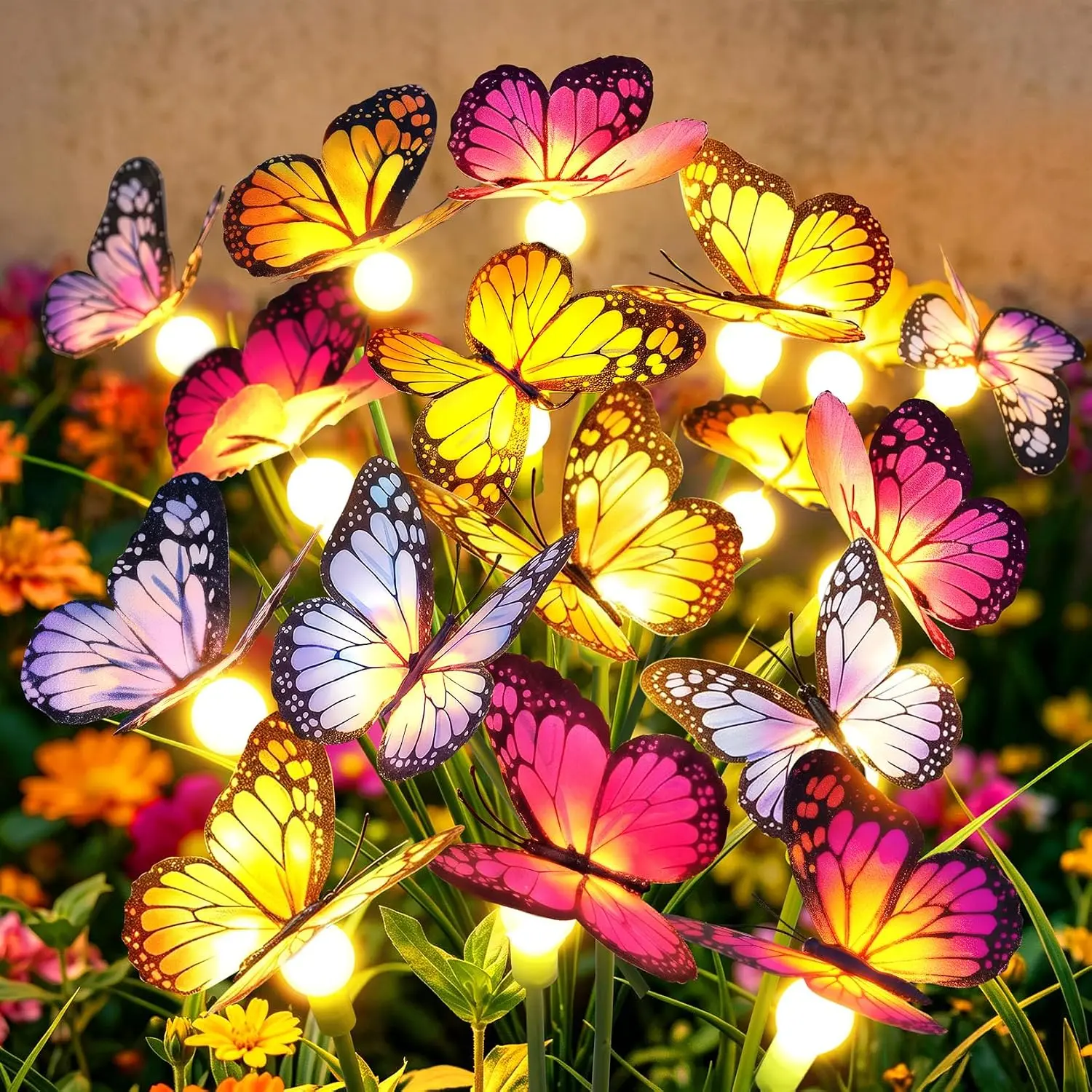 Solar Butterfly Garden Lights, 2 Pack 16 Swaying Butterflies |   Lifelike Silk Wings on Wire Stems, For Yard, Patio, Pathway & Lawn, IP65 Waterproof Outdoor, Flutters in Any Breeze