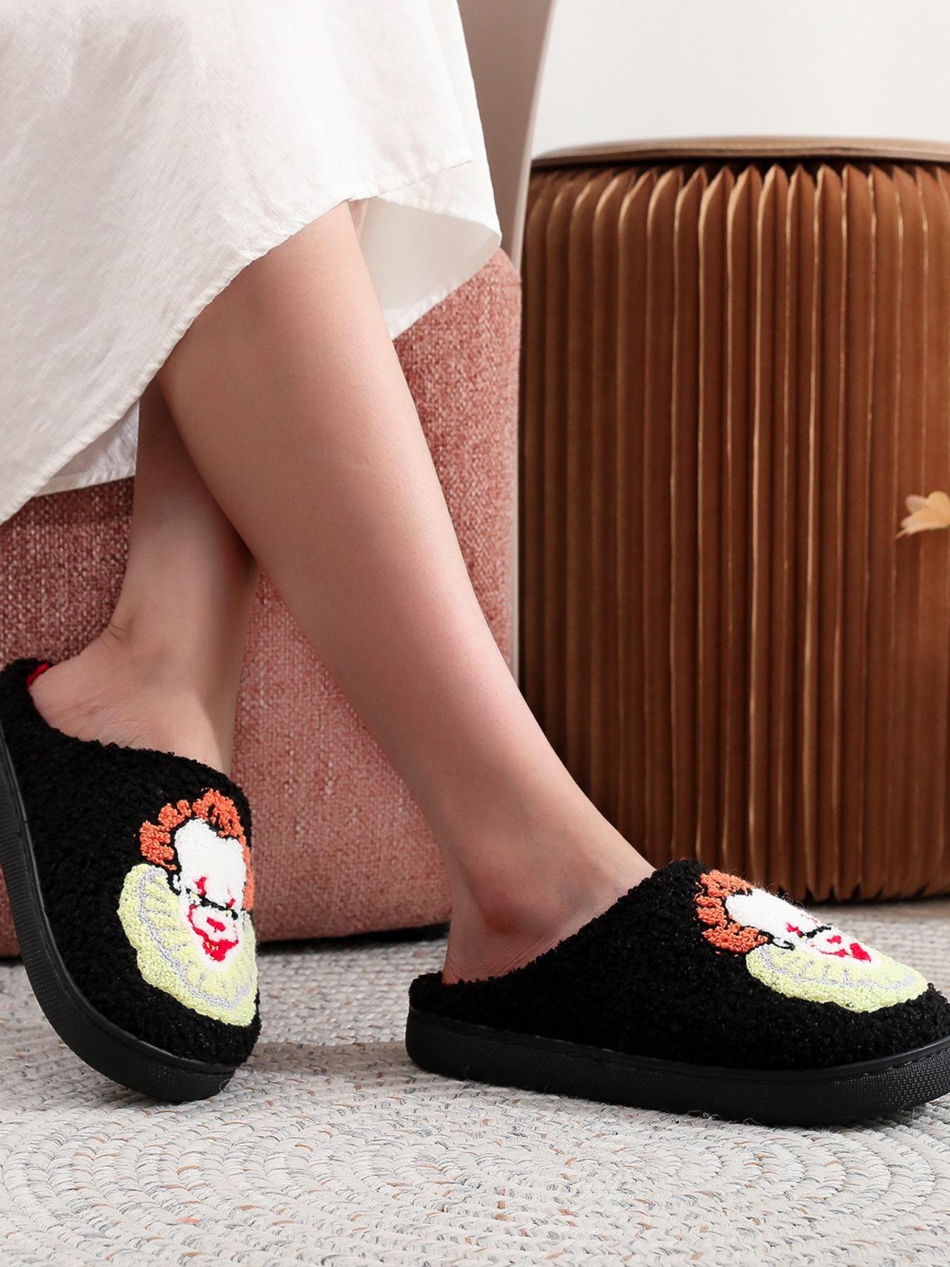 Horror Clown Embroidered Plush Slippers, Soft Comfortable Home Shoes for Men & Women, Perfect Halloween Gift, All Seasons Wear