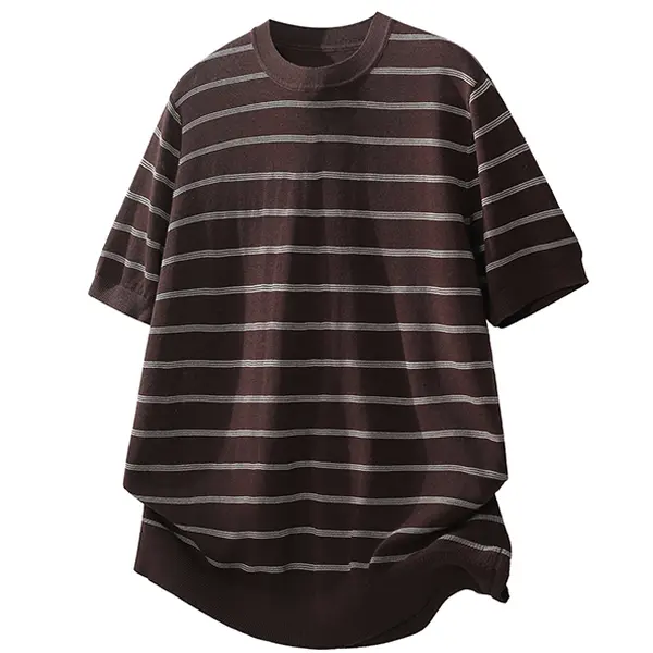Men's Striped Knit Polo Tee - Menswear Male Clothing, Stylish Japanese Retro Foldable Short-Sleeve, Casual Loose-Fit Breathable Everyday Summer Top, Knitwear, T-Shirt, Acrylic Mix, Loose-Fitted, Retro Stripe, Lightweight, Versatile And Breathable, Clothes