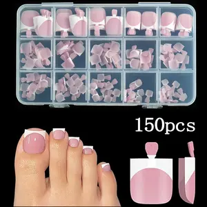 150pcs Press on Toenails, Berry Pink Sharp Square French Tips, Pre-Shaped Soft Gel False Toe Nails with Pre-Applied Primer, 15 Sizes for Women