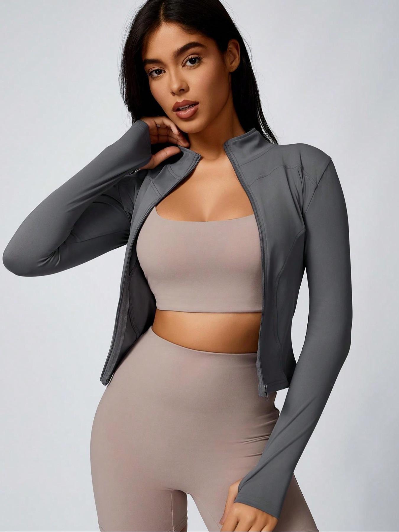 Women's Solid Thumb Hole Zip Up Sports Jacket, Thumb Holes Jacket, Long Sleeve Stand Collar Zip Front Outerwear for Gym Workout Running, Ladies Sportswear for All Seasons