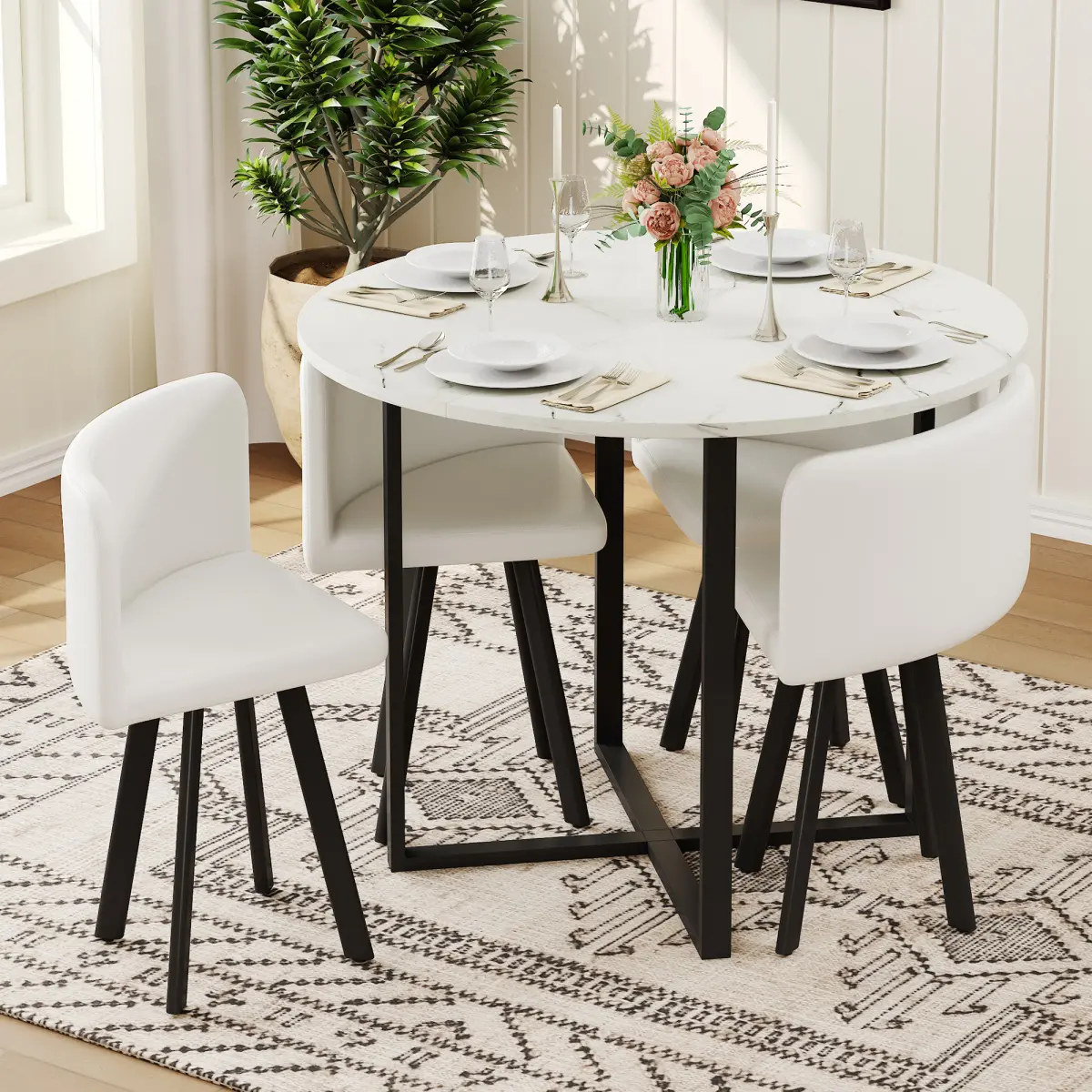 Aobtkel 5-Piece Round Dining Table Set - Sturdy White Faux Marble Triamine Tabletop, Ergonomic White PU Leather Chairs, Contemporary Small Space Indoor Furniture Set for Apartments, Breakfast Nook, Assembly Required, Triamine Board, Seats Four