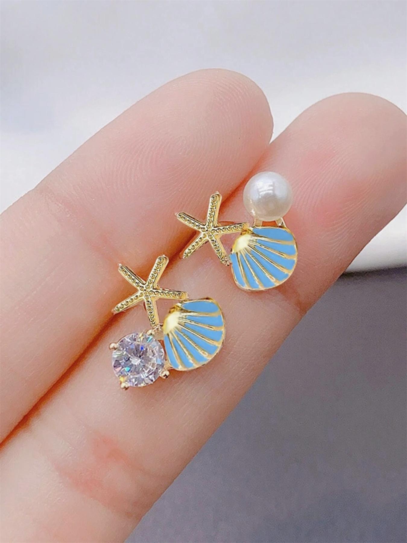 Faux Pearl Decor Shell & Starfish Design Stud Earrings, Elegant Stud Earrings for Women & Girls, Trendy All-match & Exquisite Jewelry for Birthday Gift, Ear Studs