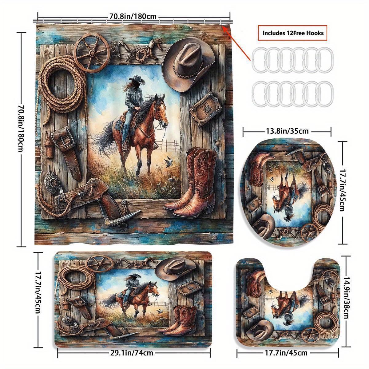 Cowboy & Horse Pattern Bathroom Decorations, 4 Counts/set Including Shower Curtain & Toilet Lid Cover & Mat & U-shaped Mat, Bathroom Accessories, Shower Curtain Sets