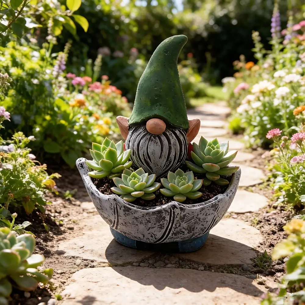 Creative Garden Gnome Resin Flower Pot, Nordic Style Succulent Planter, Vintage Sitting Dwarf Decor, Outdoor Courtyard Statue, Home Office Desk Ornament