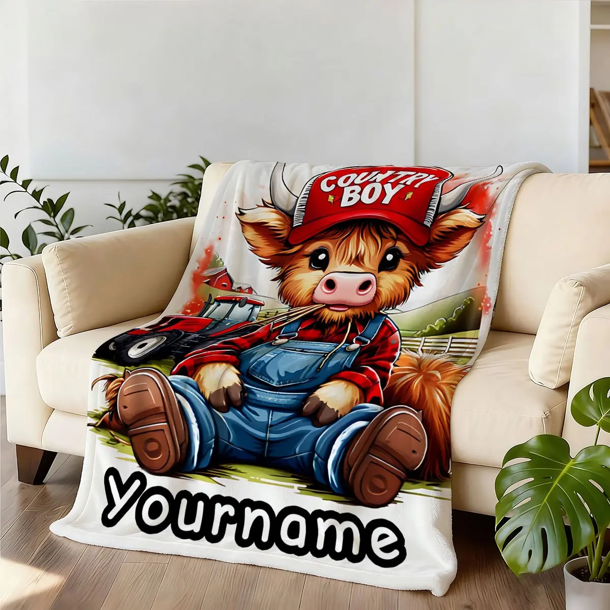 Personalized Country Boy Highland Cow Flannel Throw Blanket, Custom Name Farm Tractor Cartoon Decor Blanket for Couch Bed Sofa Kids Room