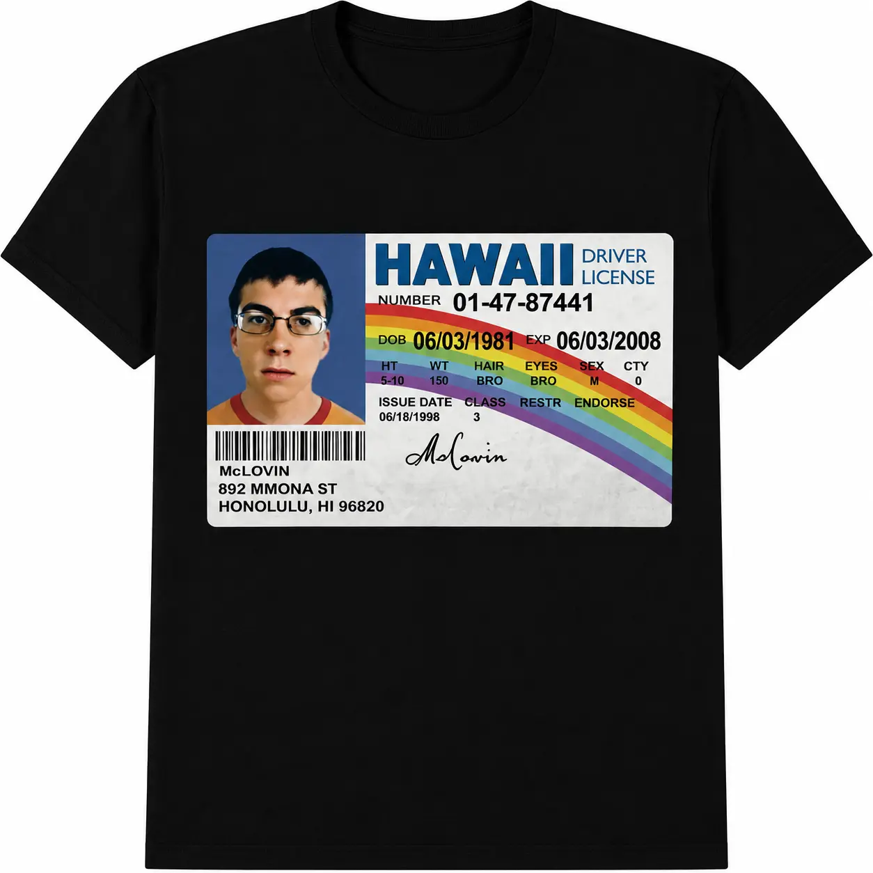 McLovin Hawaii Driver License Superbad Meme Graphic Tee I Y2K Funny Streetwear 100% Cotton T-Shirt
