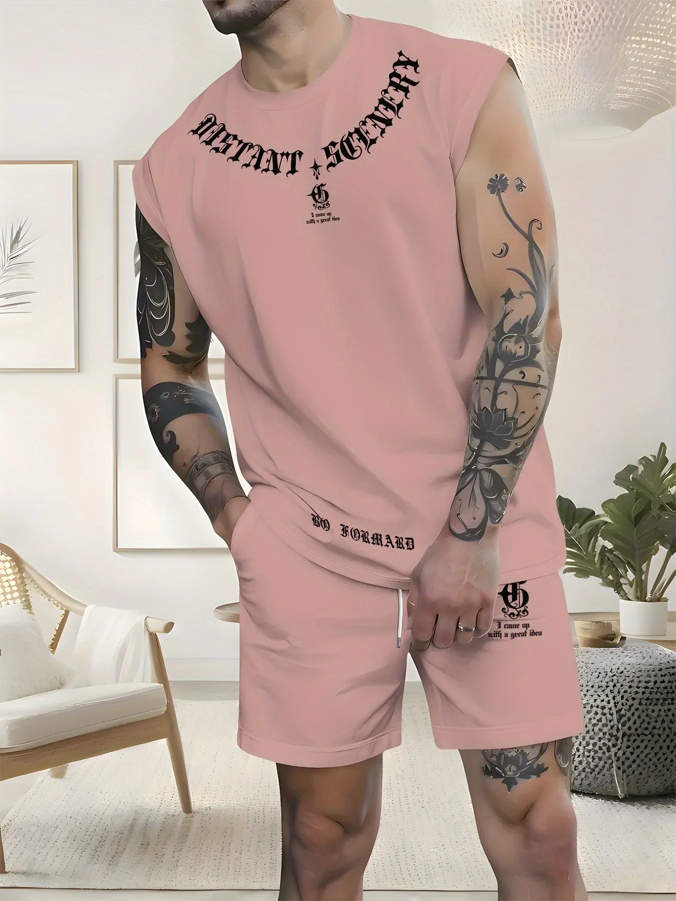 Men's outdoor casual athletic vest and shorts two-piece set, Fashion Summer Sportswear, suitable for home wear, sports, fitness, thin, quick-drying, breathable with letter print, perfect for summer, Polyester Set