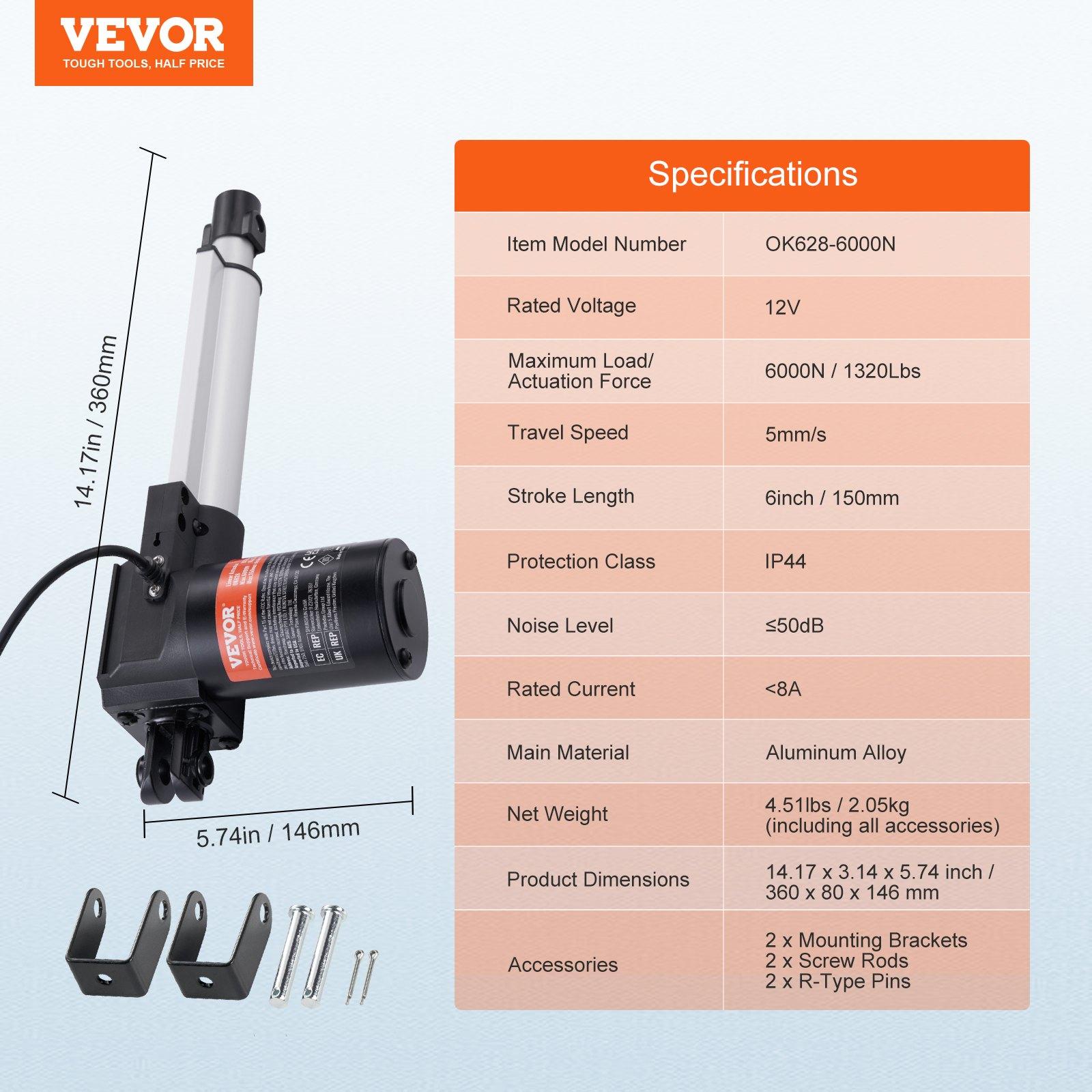 VEVOR Linear Actuator 12V, 6 Inch Heavy Duty 1320lbs/6000N Linear Actuator, 0.19"/s Linear Motion Actuator with Mounting Bracket & IP44 Protection for Electric Door Industrial Machinery Vessels Cargo VEVOR Linear Actuator 12V, 6 Inch Heavy Duty 1320lbs/6000N Linear Actuator, 0.19"/s Linear Motion Actuator with Mounting Bracket & IP44 Protection for Electric Door Industrial Machinery Vessels Cargo