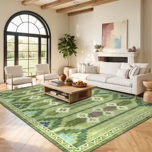 Washable Boho Rug for Living Room Bedroom, Indoor Vintage Geometric Area Rugs with Non Slip Back, Retro Accent Moroccan Style Rugs, Ultra Thin Low Pile Floor Carpet for Dining Room Office