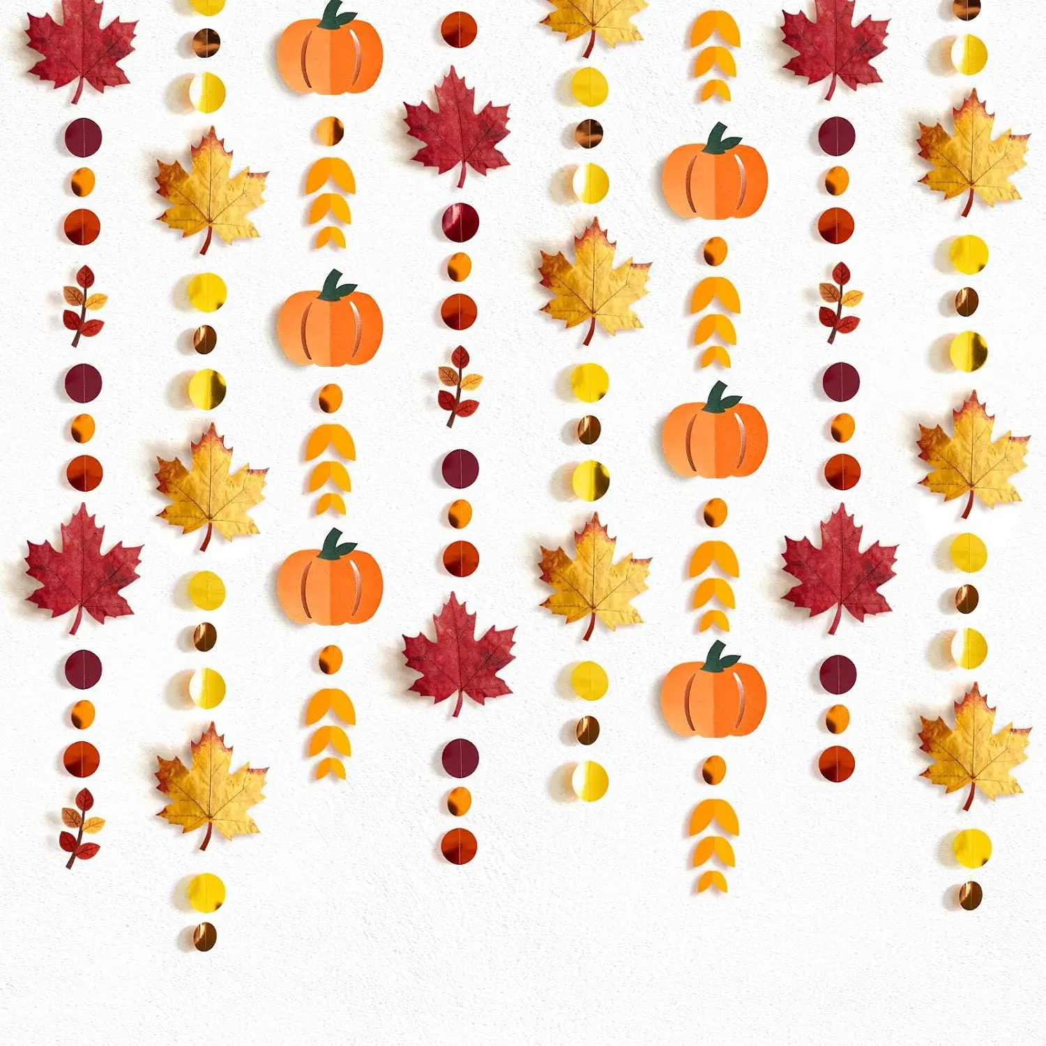 6-Count Modern Fall Paper Garlands, Pre-Strung Each 10 Ft with Glitter Pumpkins, Maple Leaves, Burnt Orange Foil Dot Circle Banners, Pumpkin Dots for Thanksgiving Harvest Fall Wedding Decor, Six Pieces