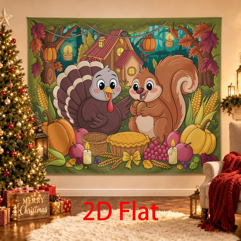Cute Thanksgiving Backdrop with Turkey, Squirrel, Pumpkins and Fall Harvest Decor