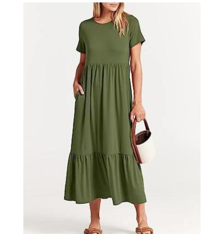 Classy Round Neck Ruched Bodice Solid Flowy A-Line Long Dress