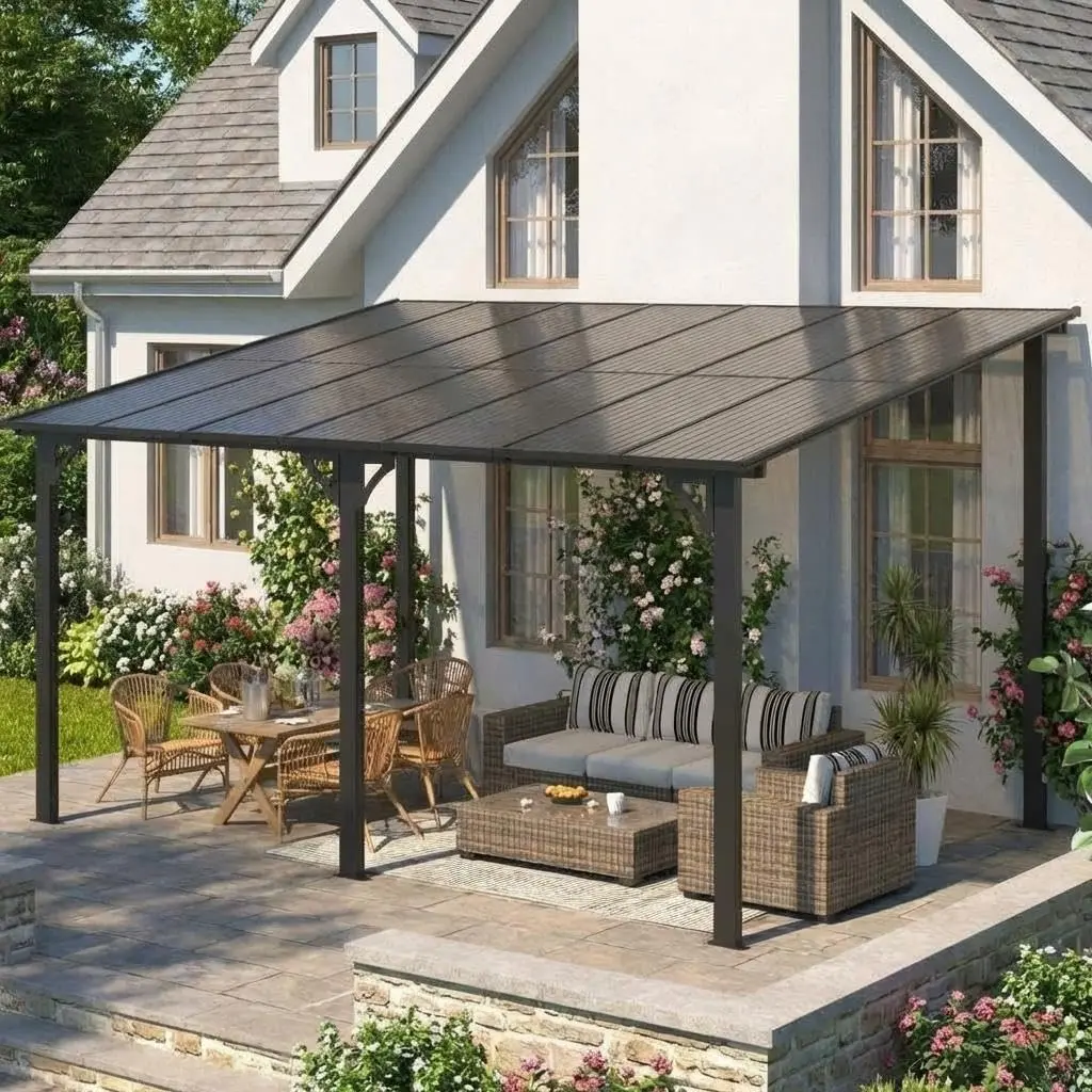 Weather-Resistant Hardtop Wall-Mounted Gazebo – 10x14ft Shelter with 6mm UV-Resistant Polycarbonate Roof, Reinforced Aluminum & Steel Frame, Sloped Design for Patio, Deck, Backyard