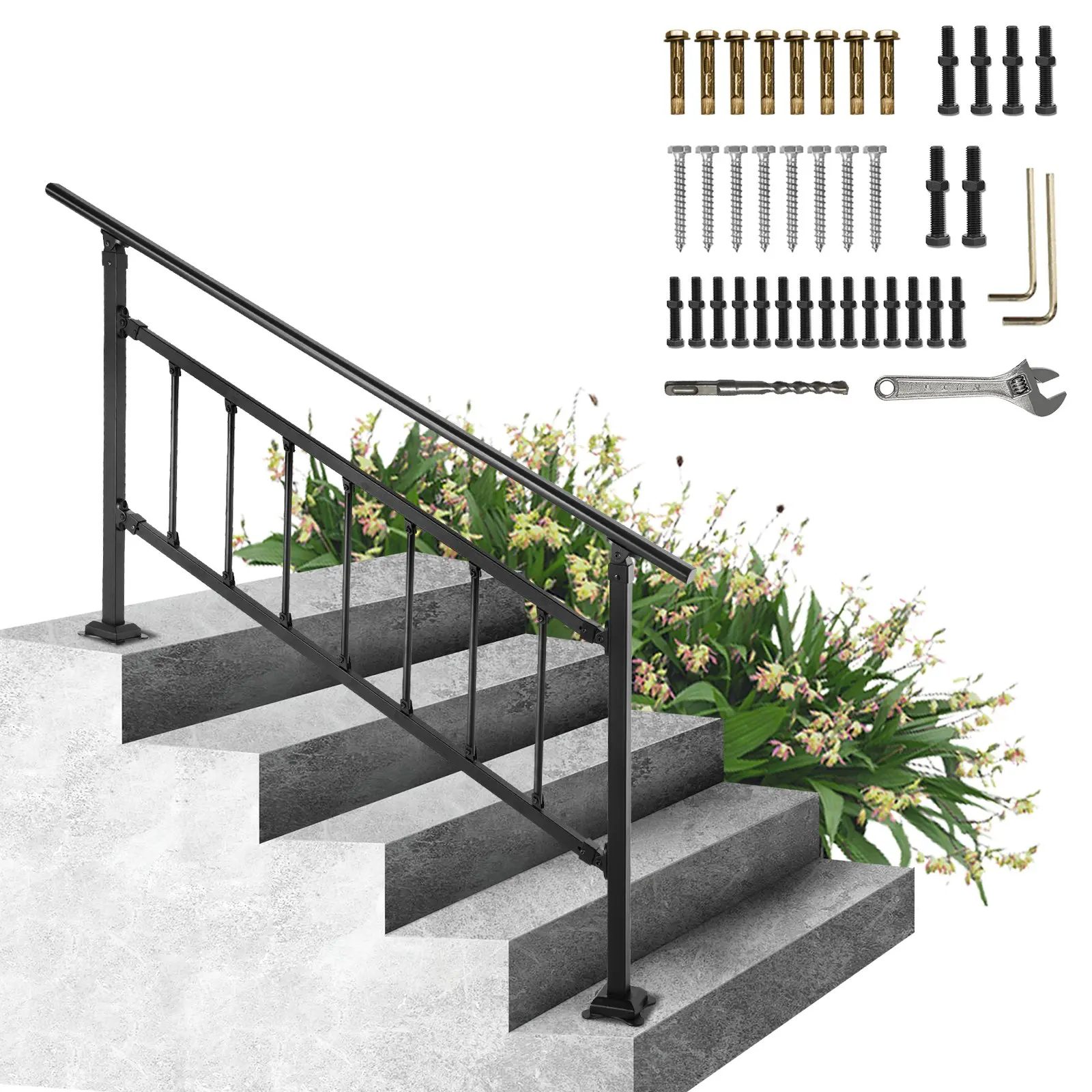 VEVOR Outdoor Wrought Iron Handrail, Fits 1-5 Steps Transitional Design, Height-Adjustable Exterior Use Railing with Fence, for Concrete Steps, Kit Packaged with Installation Hardware, Matte Black