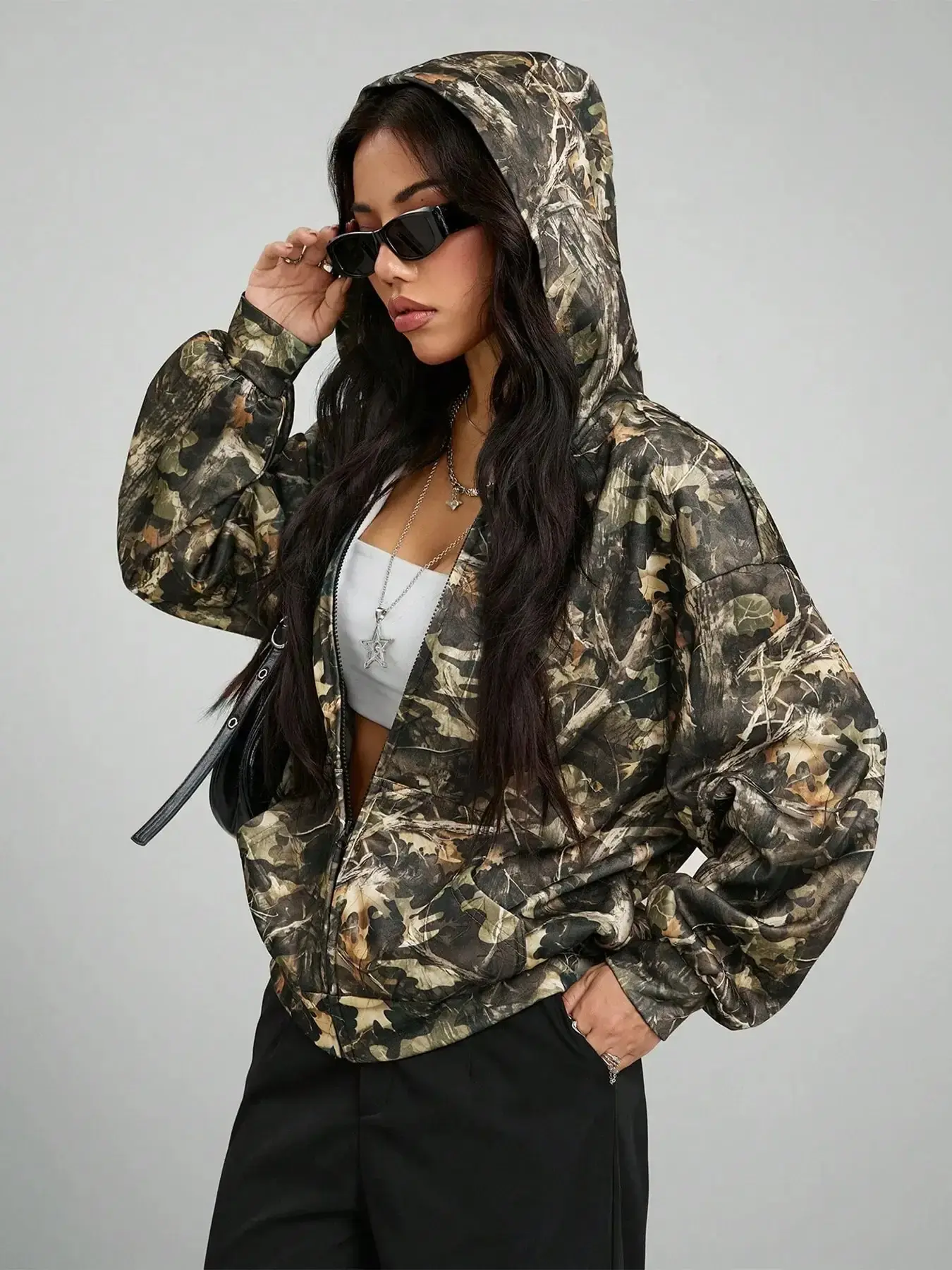 Women's American High Street Leaf Camouflage Hooded Jacket, Loose Fit Drop Shoulder Zipper Open Front, Vintage Full Print Sweatshirt