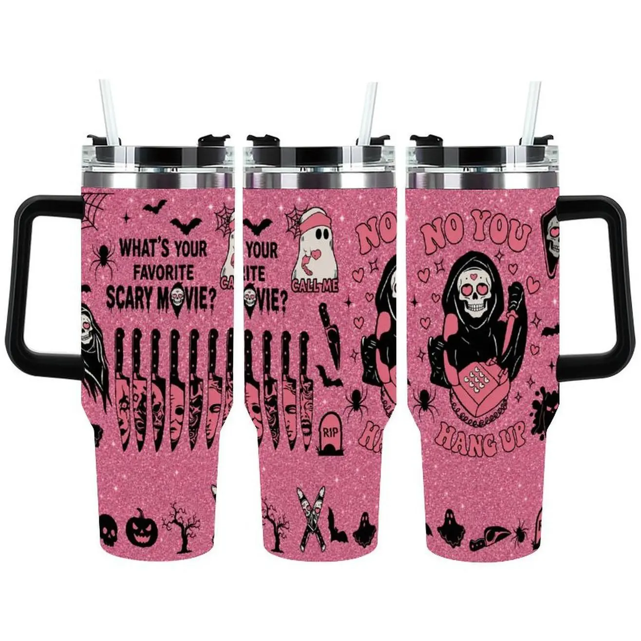 Pink Glitter Horror Movie Halloween Tumbler,No You Hang Up Ghostface Scream Insulated Stainless Steel Travel Cup,Cute Spooky Sweet Spicy Tumbler for Car, Halloween Birthday Gift for Women Girls