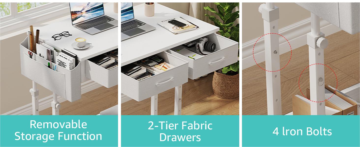 Small White Portable Rolling Standing Desk with Drawers & Storage Shelf, 32 Inch Mobile Stand Up Desk Adjustable Height with Wheels for Home Office, Kids Desks Couch Sofa Side Laptop Craft Table