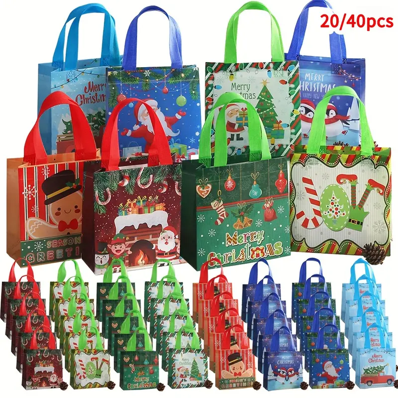 20/40pcs, cartoon Christmas gift bag, 7.87x7.67x3.54 inches, gift bag with handle, Santa Claus gingerbread man snowflake design, party hand-held gift bag, non-woven gift exchange bag, shop shopping bag.