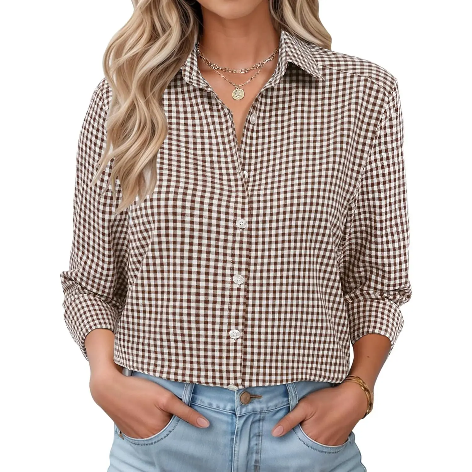 Womens Long Sleeve Button Down Shirts Casual Loose Fit Cotton Collared Blouses