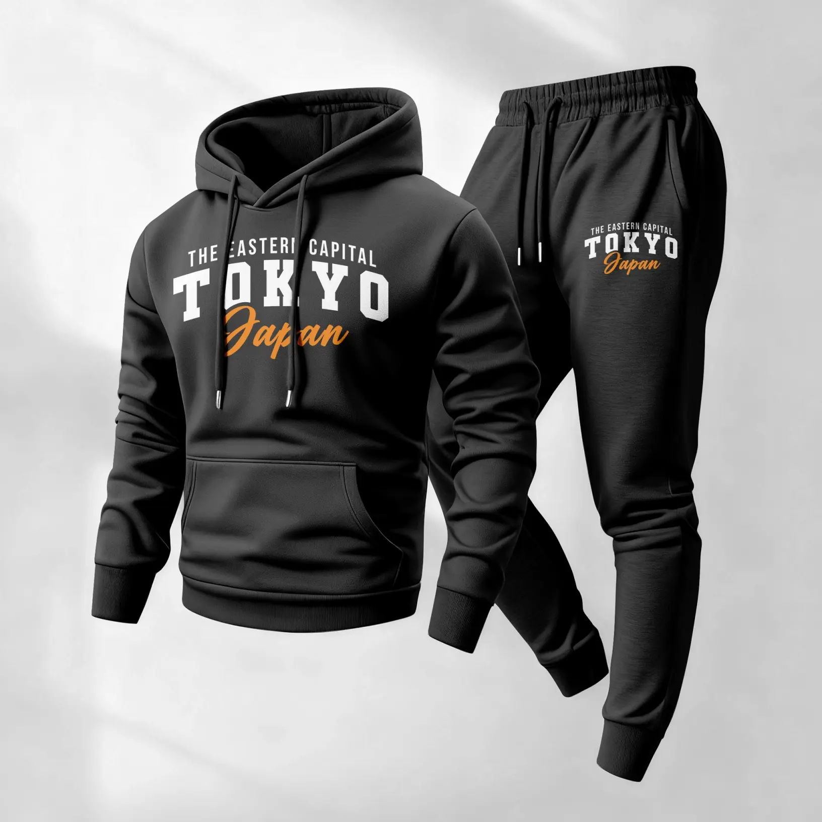 Men's 2-Piece Tokyo Athletic Tracksuit - Breathable Loose-Fit Hoodie & Drawstring Sweatpants, Long-Sleeve Hooded Jacket & Trousers for Fall Winter Male Daily Wear, Machine Washable Sportswear
