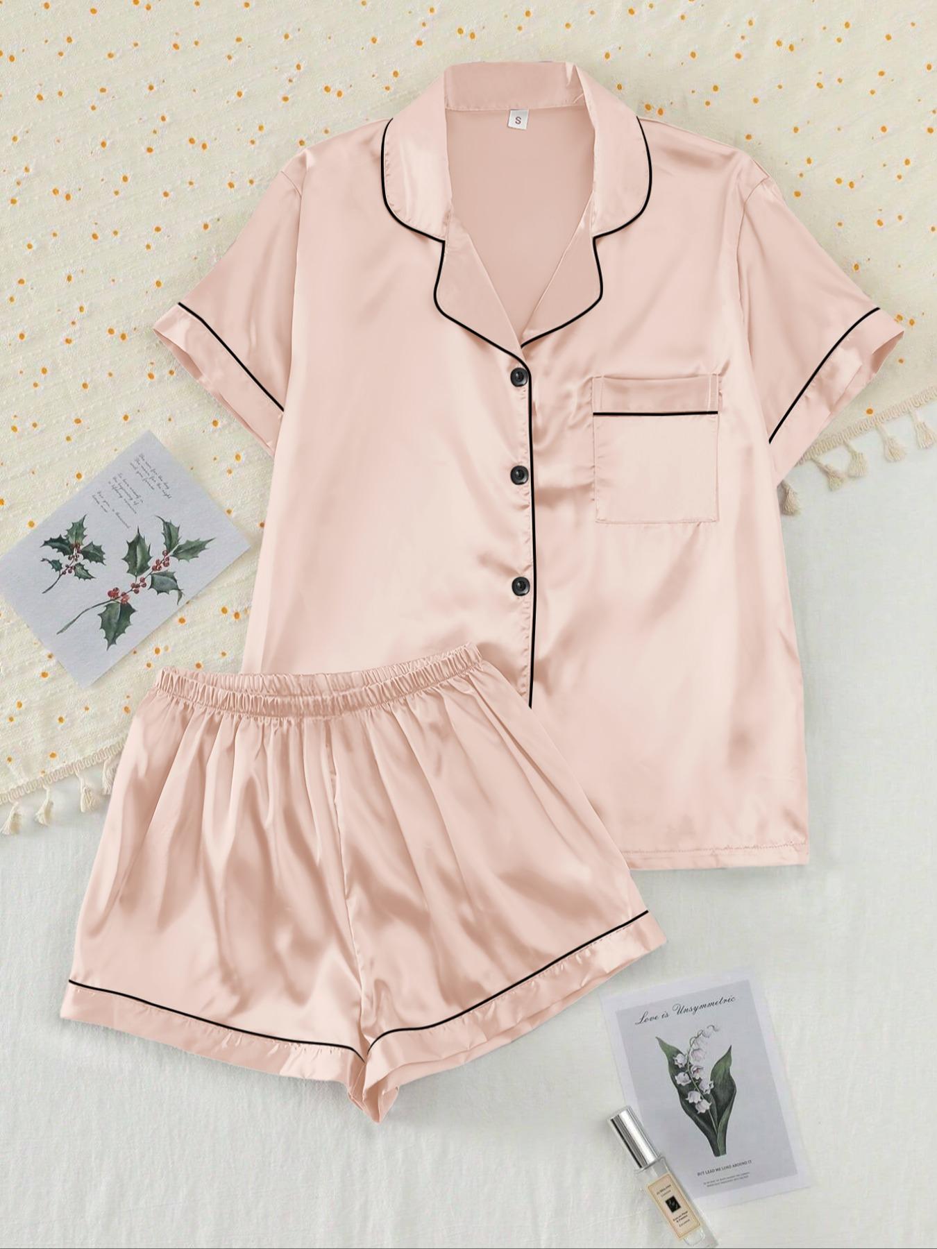 【Valentine's Day】Two-piece Set Women's Shirt & Shorts Satin Pajama, Ladies Summer Sleepwear