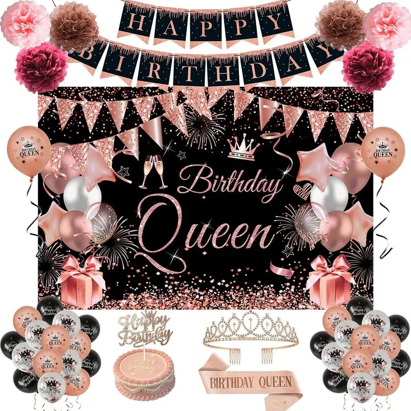 Black Rose Gold Birthday Party Decorations for Women (Birthday Queen Female Party Supplies Kit) – Includes Sash, Crown, Balloons, Banner, Backdrop, Cake Topper, 6pcs Paper Pom Poms, Luxury Look Multiple Items, Gift Ideas, Backdrops