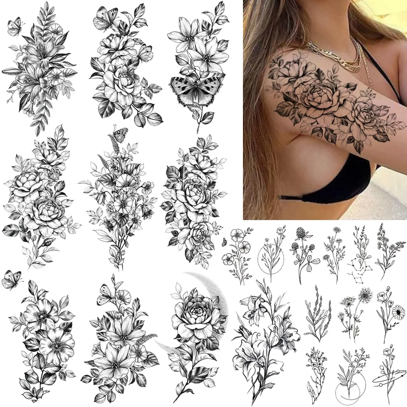 23 Sheets Flower Temporary Tattoos For Women - Waterproof Realistic Rose Orchid Tattoos Tiny Branch Sketch Fake Tattoos for Women Body Art Arm Neck Hands,sleeve,adult,woman,sticker,henna,cone,large,herbal,tatuajes,temporales,Monsters,In,h,equipme,7-,pain,