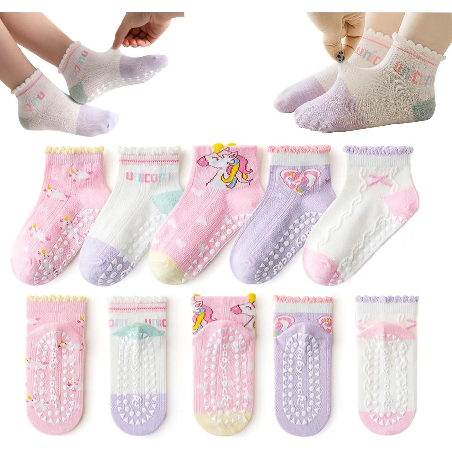 Baby Girls Toddler Socks With Grippers,5 PCS Cute Ruffle Summer Mesh Socks Frilly Dress Baby Crew Socks 1-8 Years