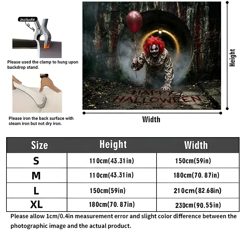 Creepy Clown with Bloody Balloon and Sewer Scene Halloween Backdrop, Photography Background, Party Backdrop, Photo Booth Background, Studio Backdrop, Video Background, Haunted House Backdrop, perfect for creating immersive spooky atmosphere, suitable for