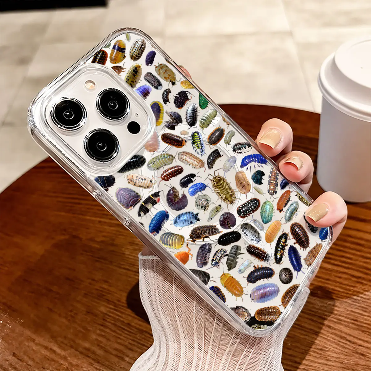 Colorful Isopod Collection Phone Case, Woodlouse Macro Pattern Black Cover for iPhone 17 16 15 14 13 12 11 X Plus Pro Max, Bug Lover Gift