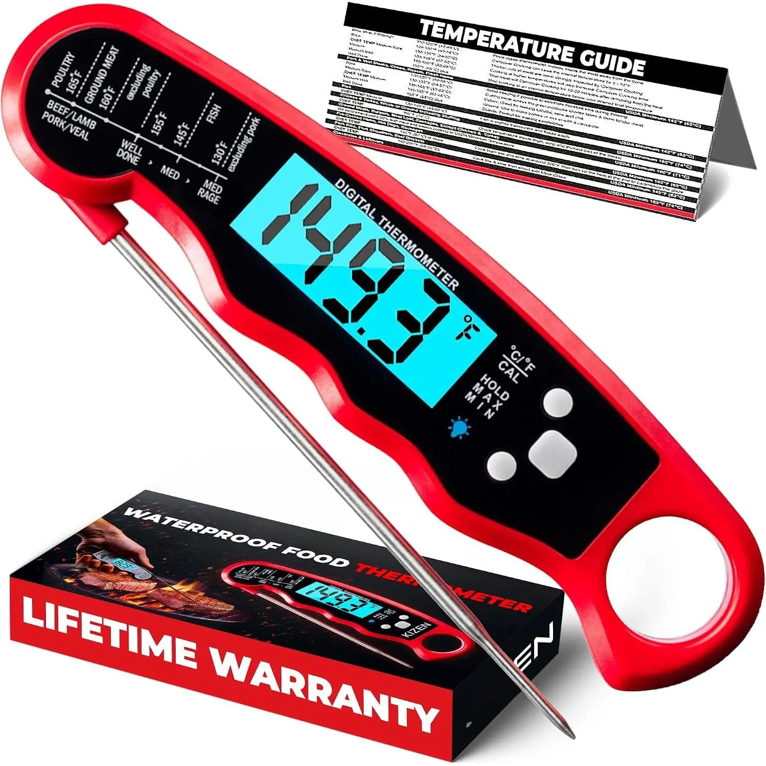 Read Meat Thermometer Digital -  Thermometer for Cooking, Grill, Oven, BBQ - IP67 Rated  - Large Backlit Display and