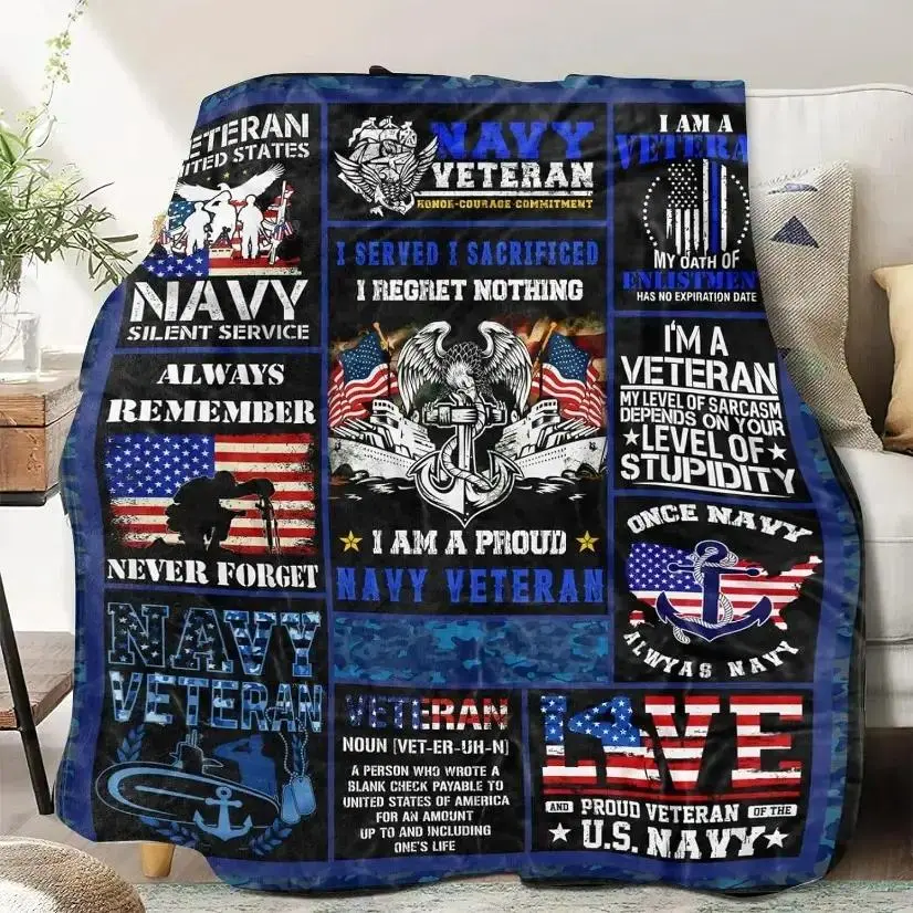 Navy Veteran Patriotic Fluffy Fabric Body-Warming Blanket, Ultra-Soft Flannel Throw, Cozy Military Appreciation Gift for Veteran Men, US Navy-Inspired Sofa Bed Birthday Christmas Gift, Body-Warming Blankets, Fluffy Fabric Blankets, Watch Party Blanket