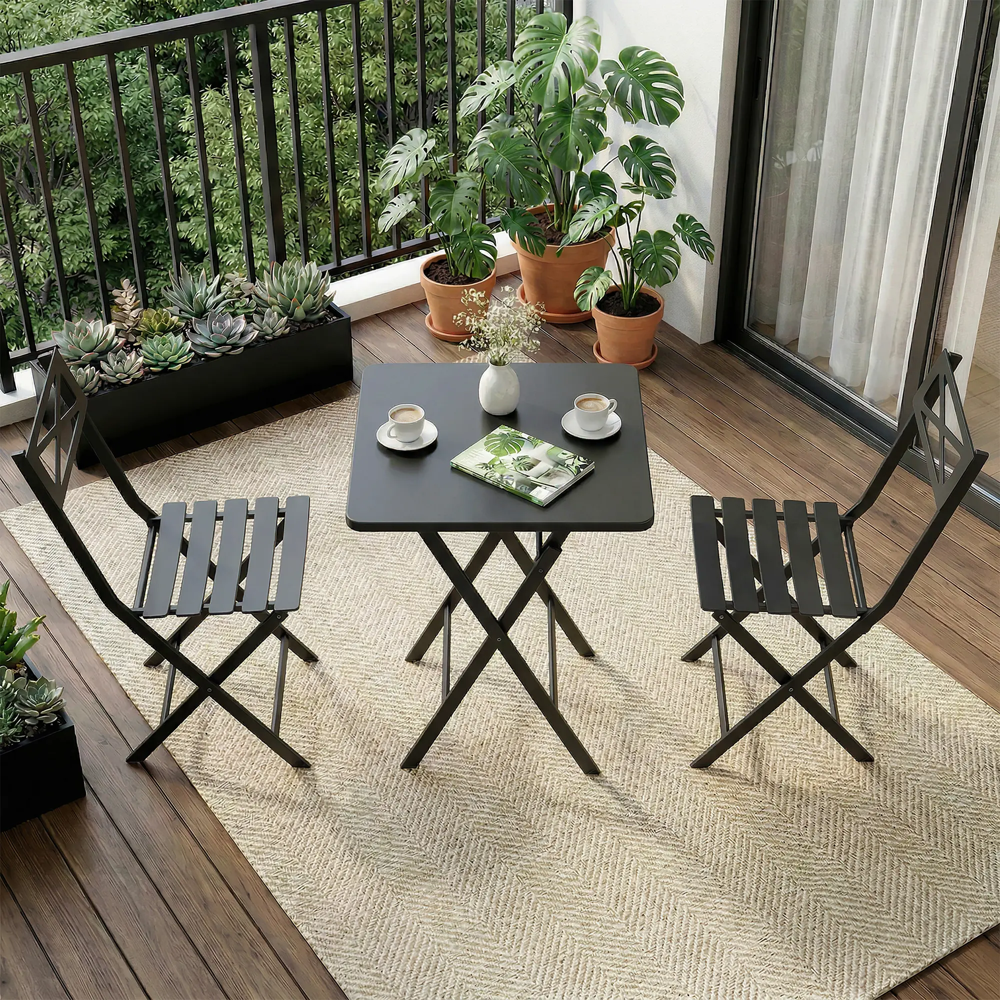 Folding 3-Piece Bistro Set - Heavy Duty Steel Patio Table and Chairs - Weather-Resistant & Space-Saving - No Assembly - Perfect for Garden, Balcony, Patio, Poolside - Color: Blue/Yellow
