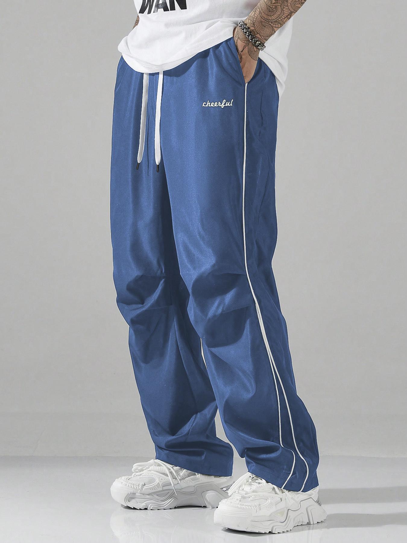 Men's Letter Embroidery Drawstring Waist Wide Leg Cargo Pants, Casual Comfy Pocket Trousers for Daily Wear, Woven Bottoms for All Seasons, Casual Streetwear Trousers